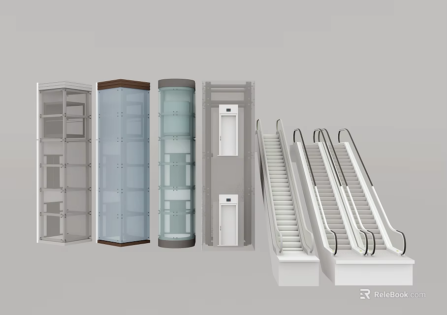 Various Modern Elevator Types With Glass Transparent Enclosed Designs and Escalators 3d model 