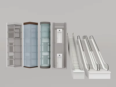 Various Modern Elevator Types With Glass Transparent Enclosed Designs and Escalators 3d model