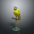 Vibrant Green Parrot Perched On Wooden Stand Against Gray Background