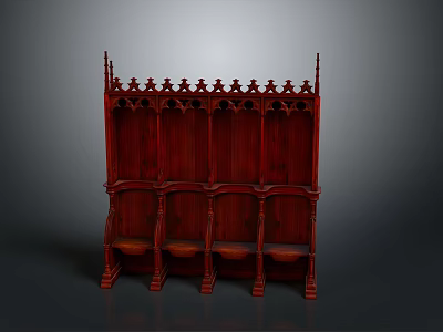 Gothic Style Red Wooden Shelf With Carved Top And Multiple Storage Compartments 3d model