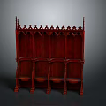 Gothic Style Red Wooden Shelf With Carved Top And Multiple Storage Compartments
