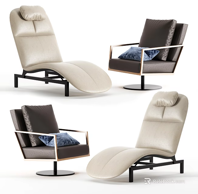 Modern Leisure Chair Design With Beige Leather And Dark Brown Cushions Metal Frame Armrests 3d model 