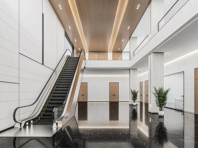 Modern Front Desk Reception in Lobby With Escalator Marble Floor And Wooden Ceiling 3d model