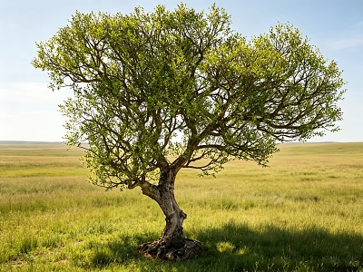 Tall Arbor With Green Leaves And Exposed Roots In Open Grassland Under Clear Sky 3d model