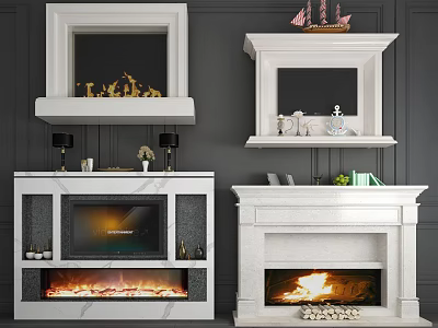 Modern White Marble Fireplace Interior With Mantel Shelf Decorations And Wood 3d model