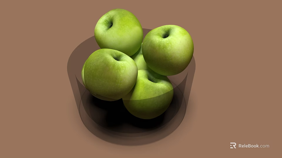 Fresh Juicy Green Apples Placed in Transparent Bowl on Brown Background 3d model 