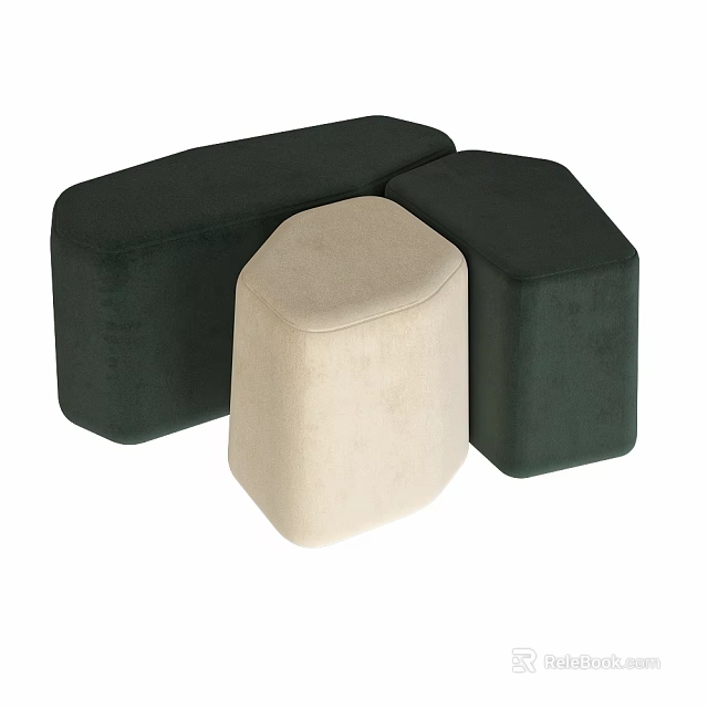 Modern Velvet Stools Set In Dark Green Rectangular Square And Beige Hexagonal For Home Decor 3d model