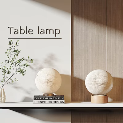 Two Spherical Table Lamps In Scandinavian Design With Modern Fabric Shade And Wooden Base 3d model