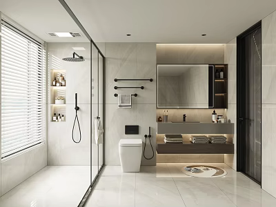 Modern Bathroom Interior With Glass Shower Enclosure White Toilet Vanity Large Mirror And Tiled Surfaces 3d model