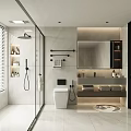 Modern Bathroom Interior With Glass Shower Enclosure White Toilet Vanity Large Mirror And Tiled Surfaces