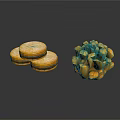 Three Golden Sandwich Cookies And Cluster Of Round Pastries On White Background