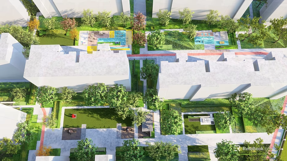 Lush Residential Landscape With Green Lawns Trees Paths And Modern Buildings 3d model 