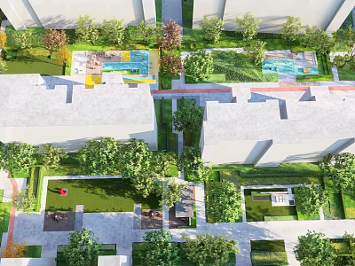 Lush Residential Landscape With Green Lawns Trees Paths And Modern Buildings 3d model