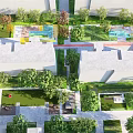 Lush Residential Landscape With Green Lawns Trees Paths And Modern Buildings