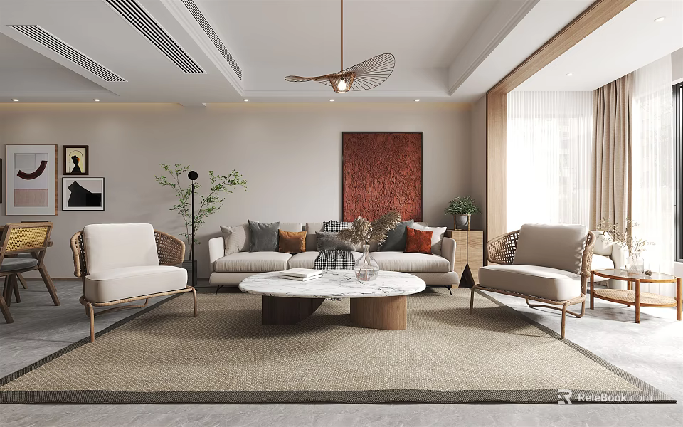 Elegant Modern Living and Dining Room With Beige Sofa Armchairs Round Coffee Table And Artwork 3d model 