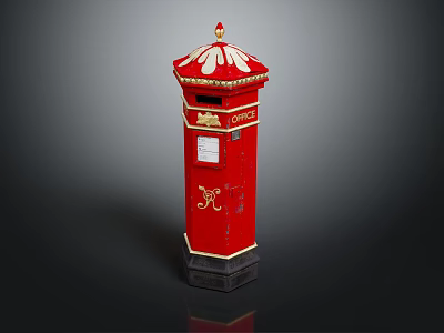 Traditional Red Postbox With White Decorative Top Post Office Sign And Black Base 3d model