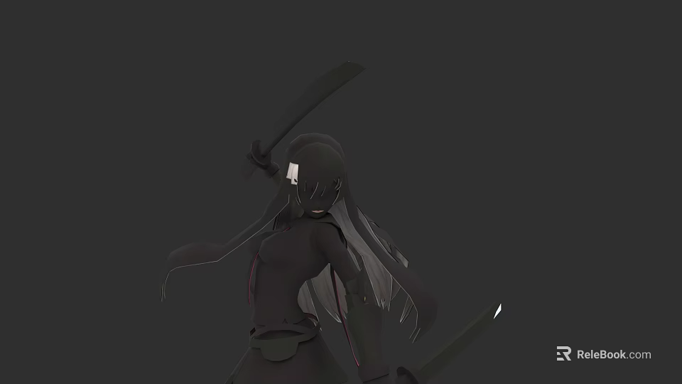 Woman In Black Outfit With Long Hair Holding Two Swords On Dark Background 3d model 