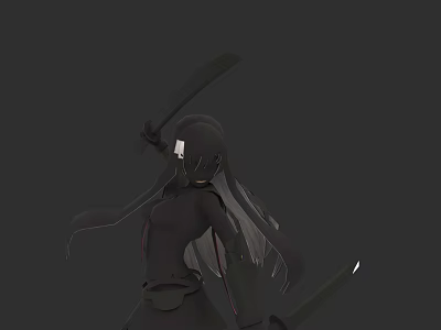 Woman In Black Outfit With Long Hair Holding Two Swords On Dark Background 3d model