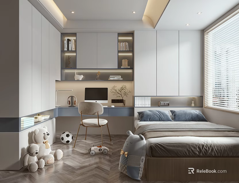Modern Minimalist Tatami Bedroom Interior With Desk Bookshelf Window And Toys In Gray Tone 3d model 