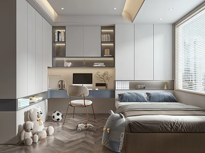 Modern Minimalist Tatami Bedroom Interior With Desk Bookshelf Window And Toys In Gray Tone 3d model