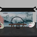 Chinese Style Exhibition Area With Guqin Landscape Painting And Decorative Plates