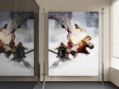 Fantasy Characters Battle Scene Poster With Glowing Effects And Cloudy Background 3d model