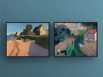 Two Framed Landscape Paintings With Beach House Trees And Cottage Grass Path 3d model