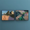 Two Framed Landscape Paintings With Beach House Trees And Cottage Grass Path