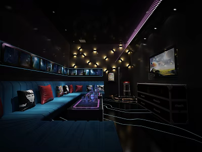 Modern KTV Room Interior With Blue Sofas Large Screen And Stylish Lighting 3d model