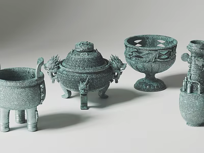 Various Traditional Bronze Sculptures With Intricate Carvings And Decorative Patterns 3d model