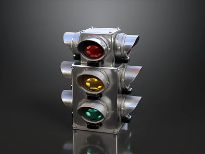 3D Rendered Traffic Light With Red Yellow Green Lamps And Metallic Housing 3d model