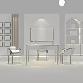 Modern Desk Interior With Two Chairs Bookshelf Wall Decorative Paintings And White Gray Tones