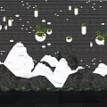 Courtyard Garden With Gray Wall White Dot Decorations White Planters Green Plants And Rock Formations