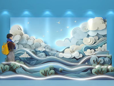 Check in Photo Spot With Blue Background Cloud Decorations Wave Paper Art And Lighting 3d model