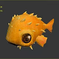 Cute Yellow Puffer Fish With Big Eyes Spikes And Orange Tail