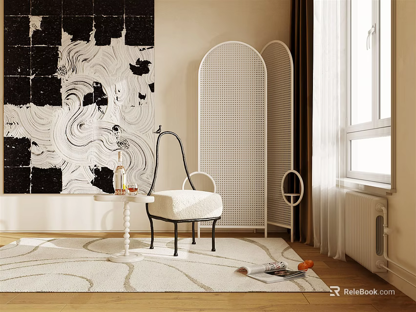 Accent Chair With Black And White Abstract Painting White Rattan Divider Rug And Natural Light 3d model 