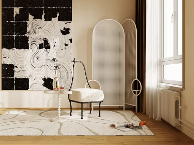 Accent Chair With Black And White Abstract Painting White Rattan Divider Rug And Natural Light 3d model