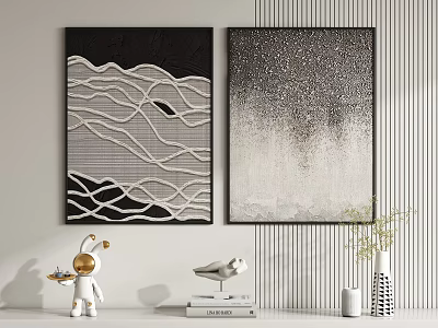 Two Abstract Decorative Paintings On Wall With Figurines And Vases For Home Decor 3d model