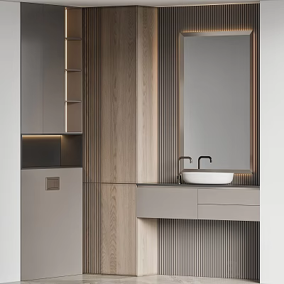 Modern Bathroom Vanity Interior With Wooden Walls Mirror And Gray Countertop 3d model