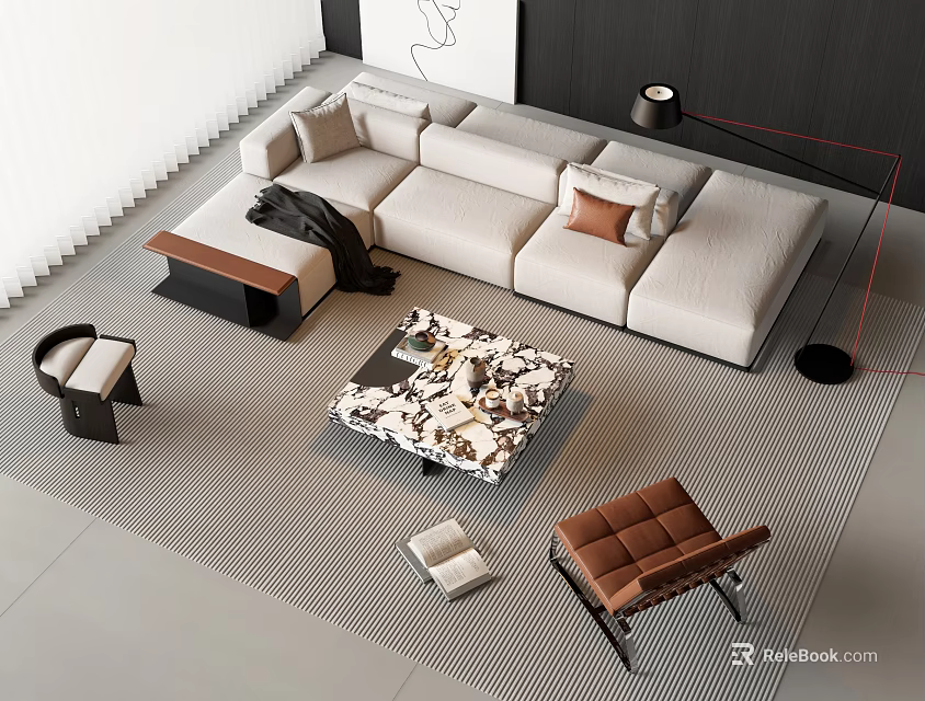 Modern Sofa and Coffee Table Set With Beige Upholstery Patterned Table Top and Throw Pillows 3d model 