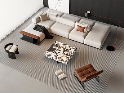 Modern Sofa and Coffee Table Set With Beige Upholstery Patterned Table Top and Throw Pillows 3d model