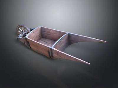 Antique Wooden Wheelbarrow With Rustic Wood Frame And Metal Bindings 3d model