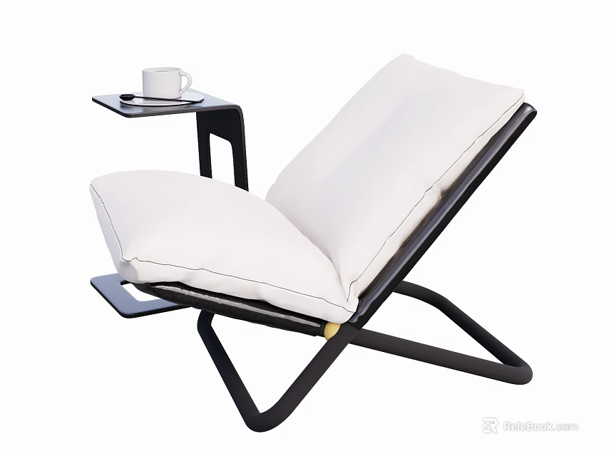 Stylish Single Chair With White Cushion Black Frame And Side Table With White Cup 3d model 