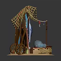 Beach Style Mobile Stall With Straw Canopy Surfboard Clay Pots And Wooden Barrel