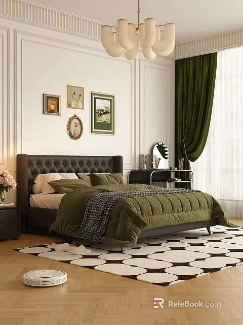 Double Bed with Leather Headboard Green Quilt Gray Blanket Wall Paintings Green Curtains and Geometric Rug 3d model 