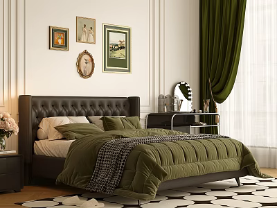 Double Bed with Leather Headboard Green Quilt Gray Blanket Wall Paintings Green Curtains and Geometric Rug 3d model