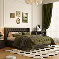 Double Bed with Leather Headboard Green Quilt Gray Blanket Wall Paintings Green Curtains and Geometric Rug