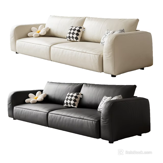 Beige And Black Leather Two Seater Sofas With Checkered Patterned And Flower Shaped Pillows 3d model