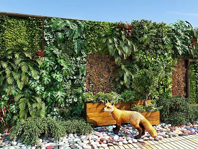 Vibrant Living Plant Wall with Lush Greenery Diverse Plants Wooden Planter Pebbles and Decorative Fox 3d model