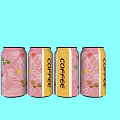 Pink And Yellow Canned Coffee Drinks With Leaf And Coffee Bean Patterns And COFFEE Labels